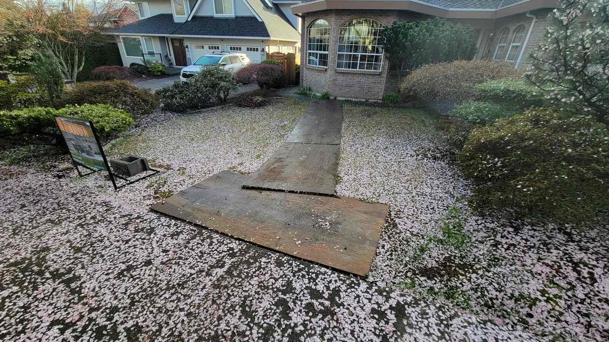 Temporary walkway setup during a garden retaining wall project by Back 40 Landscaping in Burnaby, BC